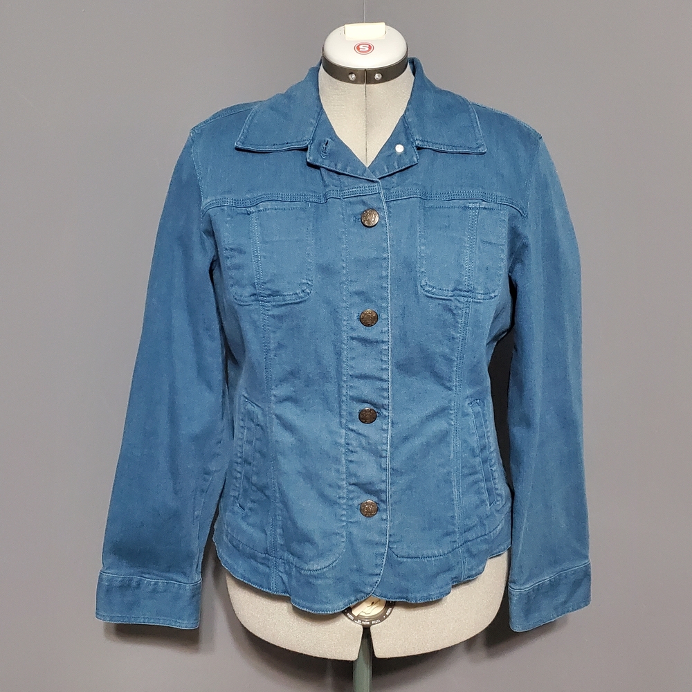 Chico's Teal Blue Jean Jacket Stretch Fabric and Embroidered Mandalas Size 2